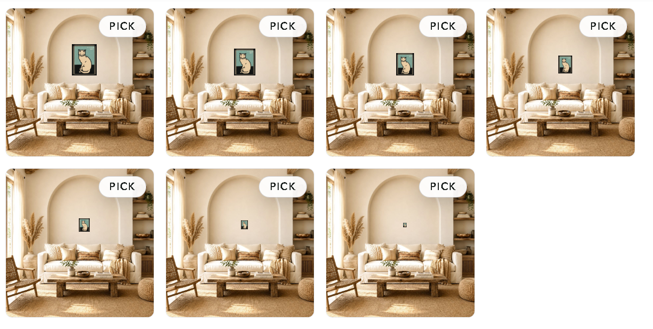 Printprep.art testing printable art sizes in a true-to-scale room mockup